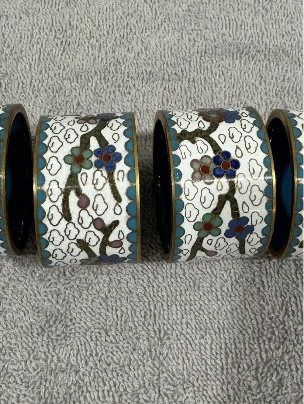 Vintage Cloisonné Enamel Napkin Rings Chinese 6 Red Blue Green Floral